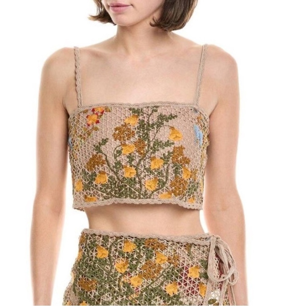 NWT Agua Bendita Vicky Tile Embroidered Crop Top Lace Up Back Floral Sz L
